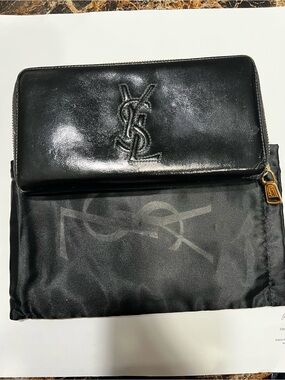YSL Black Patent Leather Zip-Around Wallet with dust bag.